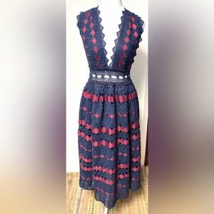 Revolve X by NBD Kristina Navy Blue & Burgundy Crochet Lace Midi Dress NWT
Sz S